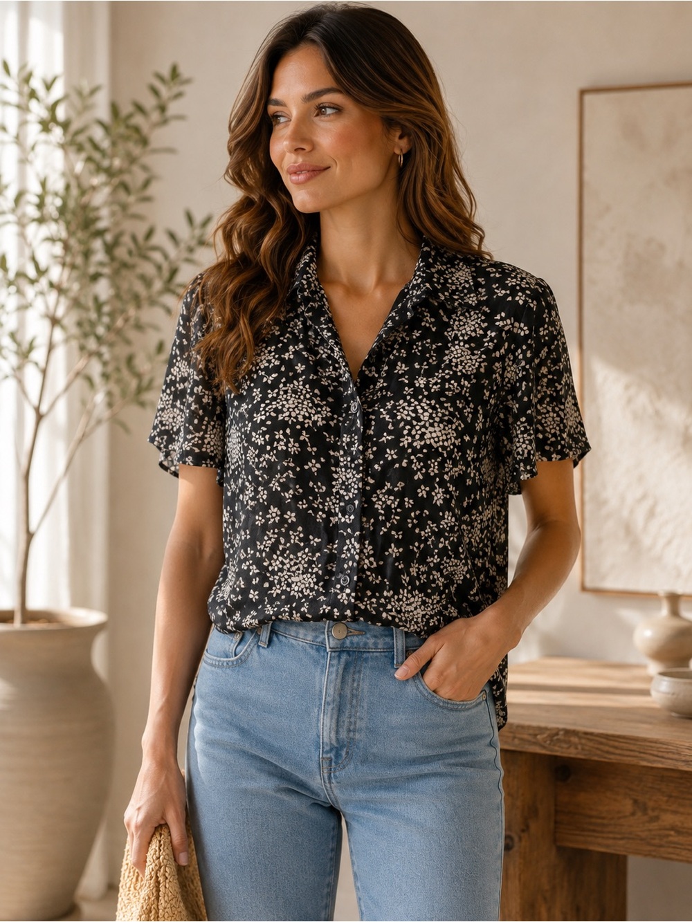 The Kazbah Club 100% Silk Black Floral Button Front Blouse Size M